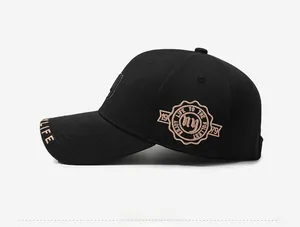 Close-up of side embroidery on black baseball cap with retro round patch and brim detail