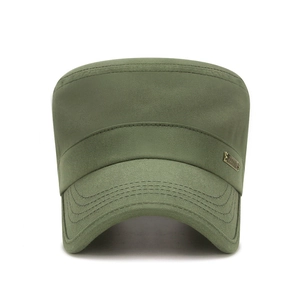 Army green cotton canvas cadet cap with metal logo plate for outdoor sun protection