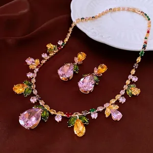Jewelry For Women Colorful Zircon Waterdrop Leaf Copper Necklace And Earrings Luxury Fashion Party