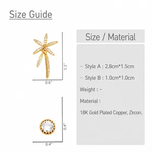 Size chart showing dimensions of 18K gold plated coconut tree and zircon stud earrings