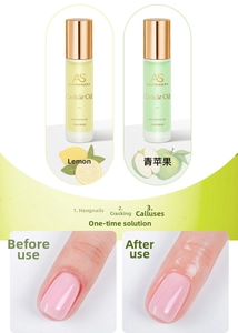 Detalle de aceite para cutículas de 15ml con aromas de limón y manzana verde