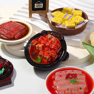 Realistic resin food magnets featuring miniature Chinese cuisine like braised pork on white