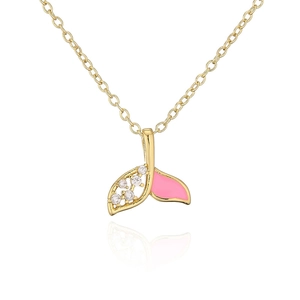 Macro detail of 18K gold fishtail pendant with pink enamel and clear zircon stones