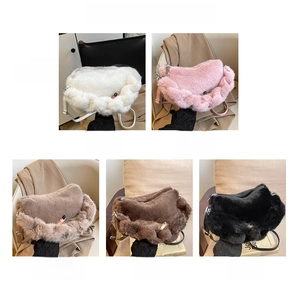 Detail showing plush shoulder bags in white, pink, khaki, brown, and black with braided trim