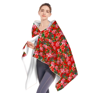 Microfiber beach towel hooded poncho featuring traditional red floral and dragon patterns