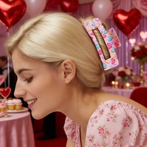 Detail view of a pink heart pattern hair claw clip worn by a model in a party setting