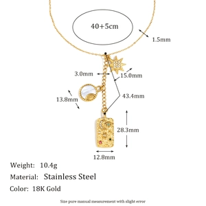 18K Gold plated stainless steel tassel necklace with star and moon charms and dimension info