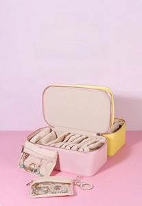 Detailed view of portable PU leather jewelry boxes with multiple transparent storage bags