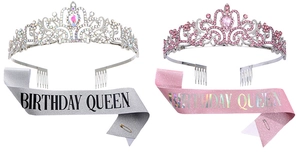 Birthday celebration set featuring glitter Birthday Queen sashes and crystal crowns
