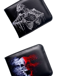 Detail shot of vintage skull and cloaked figure prints on black leather mens wallets