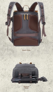 Detail of breathable mesh back padding and bottom tripod straps on canvas camera backpack