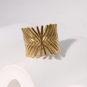 Adjustable 18k gold plated titanium steel ring with wide geometric textured lines