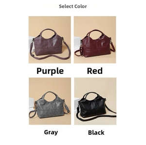 Four colors of soft leather handbags including purple, red, grey, and black options