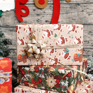 Large Christmas wrapping paper featuring Santa and pine motifs on stacked gift boxes