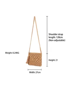 Minimalist cotton rope woven beach bag with tassel and precise dimensions 27x21cm