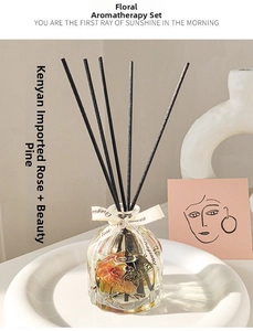 Floral reed diffuser set with Kenya rose and pine inside an elegant embossed glass bottle