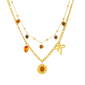 Double-layered gold-plated necklace featuring tiger eye stone and sun bow pendant