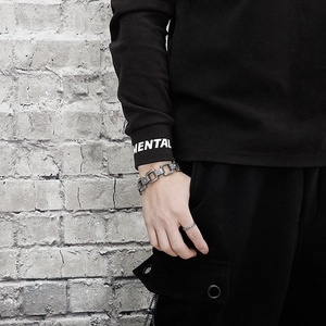 Bracelet chaîne en acier inoxydable gravé style punk vintage et bague assortie pour hommes