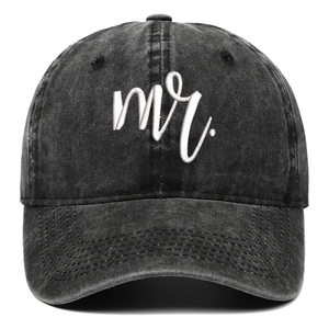 Close-up of Mr. embroidery on a vintage washed black denim baseball cap with curved brim