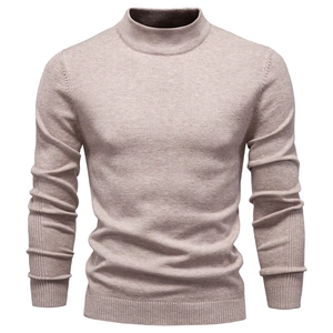 Slim fit men's turtleneck knit sweater in oatmeal with ribbed cuffs on white background