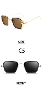 Detail of vintage square metal sunglasses showing side and front view with thick frame