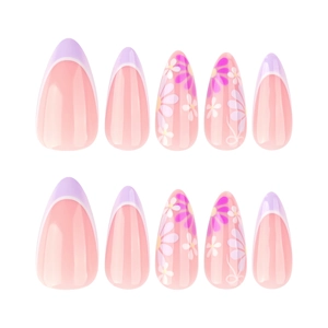 Pink and purple almond press-on nails with floral patterns and French tip finish