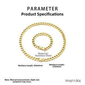 Detailed specs of 9mm gold stainless steel Cuban link necklace and bracelet set