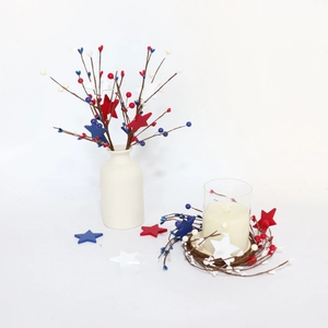 Close-up of USA Independence Day candle holder with red white and blue star berry ring