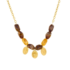 Retro gold plated chain necklace with resin beads and religious pendants including a cross