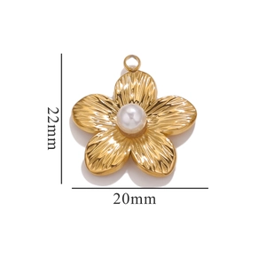 Detail view of a 22x20mm gold flower pendant featuring a central pearl and textured petals