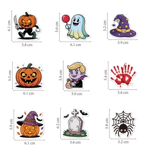 Detailed size specifications for 9 classic Halloween cartoon stickers with dimensions
