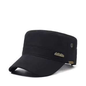 Detail of outdoor style flat top cap with metal ventilation eyelets and side logo plate