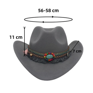 Detail of grey cowboy hat with ethnic beadwork, turquoise stone, and dimensions