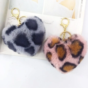 Leopard print heart faux fur keychains with gold metal rings for handbag charm
