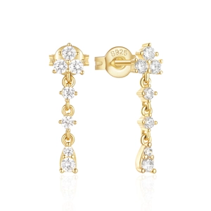 Close-up of S925 sterling silver gold drop earrings with sparkling cubic zirconia stones