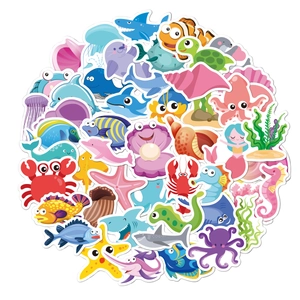 Vibrant ocean theme waterproof stickers featuring cute sharks, turtles, and sea creatures