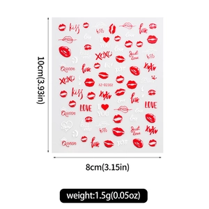 Detail view of Valentine heart nail stickers with kiss and love motifs, size 10x8cm