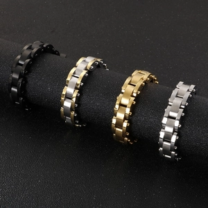 Men's stainless steel watch-band style bracelets in black, gold, and silver finishes