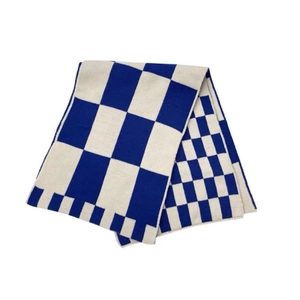 Blue and white checkered cashmere-like knit scarf with double-sided plaid design