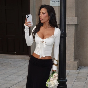 Sexy Slim Fit Long Sleeve Crop Top Lace Trim Square Neck Bow Tie Front Solid Color Streetwear Women Blouse Top
