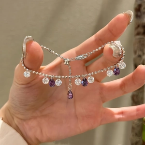 Bracelet Réglable en Argent Sterling 925 Étoile de Galaxie pour Femme Pendentif Goutte d'Eau en Strass Violet et Blanc Bijoux