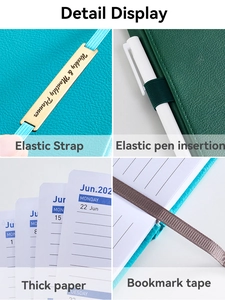 Detail of 18-month faux leather planner featuring elastic closure and pen holder