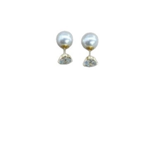Minimalist silver needle stud earrings with round white pearl and sparkling zircon crystal