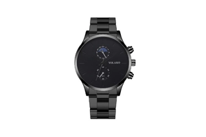 Detail view of black steel watch dial featuring two sub-dials and metal wristband