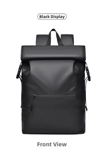 Front view of black roll-top commuter backpack with waterproof texture and front pocket