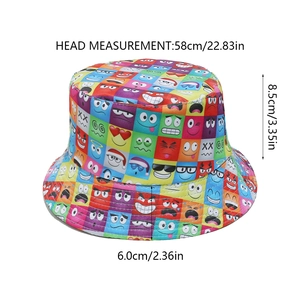 Spécifications détaillées de taille pour un chapeau bob avec motifs smiley et mesures