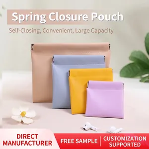 Portable Squeeze Pouch PU Leather Automatic Closure Makeup Bag Earphone Organizer Coin Purse Jewelry Storage Pocket Waterproof Travel Accessories Minimalist Organizer