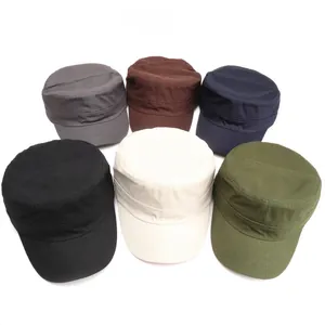 Flat top military caps collection in cotton twill, six solid colors shown from above