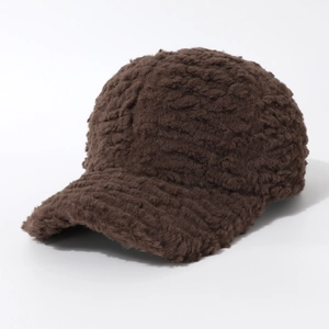 Thick warm dark brown faux shearling baseball cap with minimalist plush texture for winter