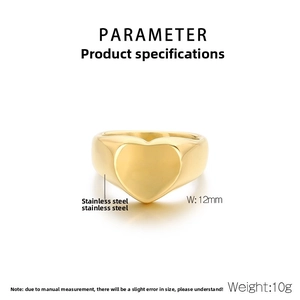 Detailed size specifications for a 12mm wide golden heart-shaped stainless steel signet ring